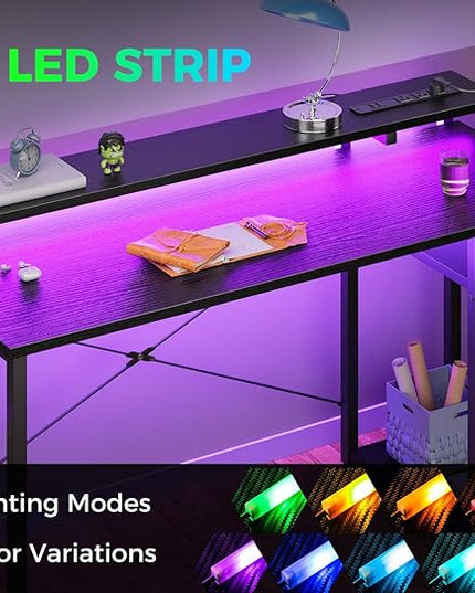 AODK Gaming Desk with LED Lights & Power Outlet, 55 Inch Computer Desk with Drawer, Reversible Desk with Adjustable Monitor Shelf & Headphone Hook for Home Office, Black - LeafyLoom