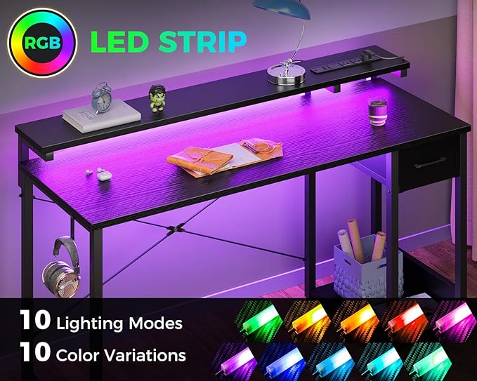 AODK Gaming Desk with LED Lights & Power Outlet, 55 Inch Computer Desk with Drawer, Reversible Desk with Adjustable Monitor Shelf & Headphone Hook for Home Office, Black - LeafyLoom