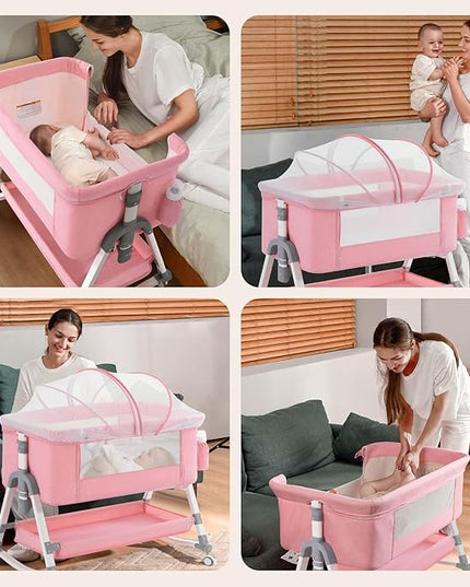 4 in 1 Baby Bassinet, Rocking Bassinets Bedside Sleeper with Comfy Mattress and Wheels, Height Adjustable Easy Folding Portable Bedside Crib for Newborn Infant,Pink - LeafyLoom