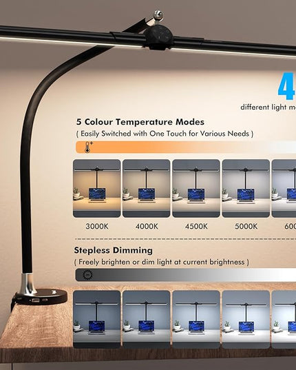 Megainvo LED Desk Lamp with Clamp, 24W Desk Light w/Timer & USB Charging for Home Office, Eye-Care Desk Lamps 5 Color Modes Stepless Dimming Adjustable Table Light for Monitor Work Study Reading - LeafyLoom