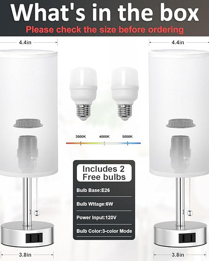 White Silver Bedside Table Lamps Set of 2-3 Color Temperatures Pull Chain Lamp with AC Outlet Charging Port, Two Round Night Stand Lamps for Bedroom, Small Bed Side Light with E26 LED Bulbs - LeafyLoom