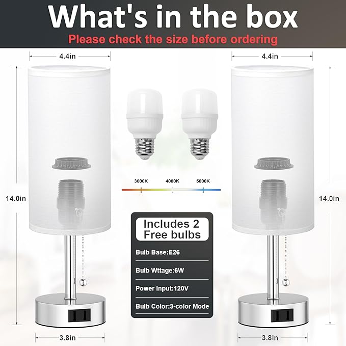White Silver Bedside Table Lamps Set of 2-3 Color Temperatures Pull Chain Lamp with AC Outlet Charging Port, Two Round Night Stand Lamps for Bedroom, Small Bed Side Light with E26 LED Bulbs - LeafyLoom