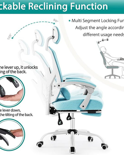 MCQ Office Computer Desk Chair, Gaming Chairs for Adults, High-Back Mesh Rolling Swivel Reclining Chairs with Wheels, Comfortable Lumbar Support, Comfy Arms for Home, Office, Gaming, Student, Blue - LeafyLoom