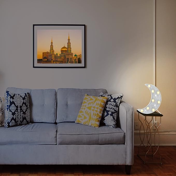 Moon Marquee Lights Ramadan Decoration, Glitter LED Lighted Moon Lamp Bedroom Decoration, Battery Operated Crescent Moon Night Light, Ramadan Mubarak Lights for Home Table Baby Shower Party Decor - LeafyLoom