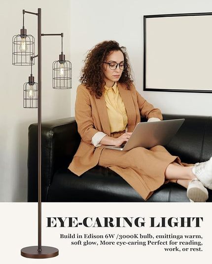 Upgraded Stepless Dimmable Tree Floor Lamp, 3 LED Edison Bulbs Included, ELYONA Farmhouse 71” Tall Pole Reading Standing Light with Industrial Cage Metal Shade for Bedroom, Living Room, Office, Bronze - LeafyLoom