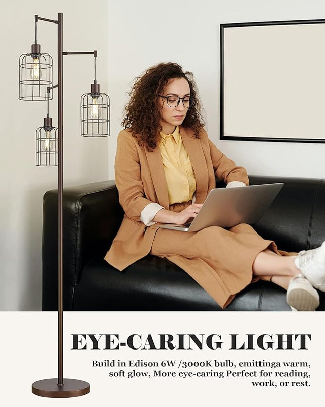 Upgraded Stepless Dimmable Tree Floor Lamp, 3 LED Edison Bulbs Included, ELYONA Farmhouse 71” Tall Pole Reading Standing Light with Industrial Cage Metal Shade for Bedroom, Living Room, Office, Bronze - LeafyLoom