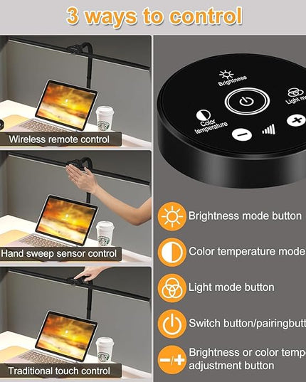 Led Desk Lamp for Home Office, Hand Sweep Sensitive Desk Light, 24w Ultra Bright Double Head Desk Lamp with Clamp & Flexible Gooseneck, Dimmable Eye Protection Reading Light for Workbench, Drawing - LeafyLoom