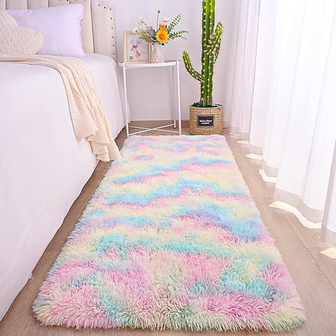 AROGAN Soft Rainbow Area Rugs for Girls Room 2x6 Feet, Fluffy Girls Bedroom Rugs, Princess Rug, Cute Colorful Carpet for Kids Teens Nursery Toddler, Pink - LeafyLoom
