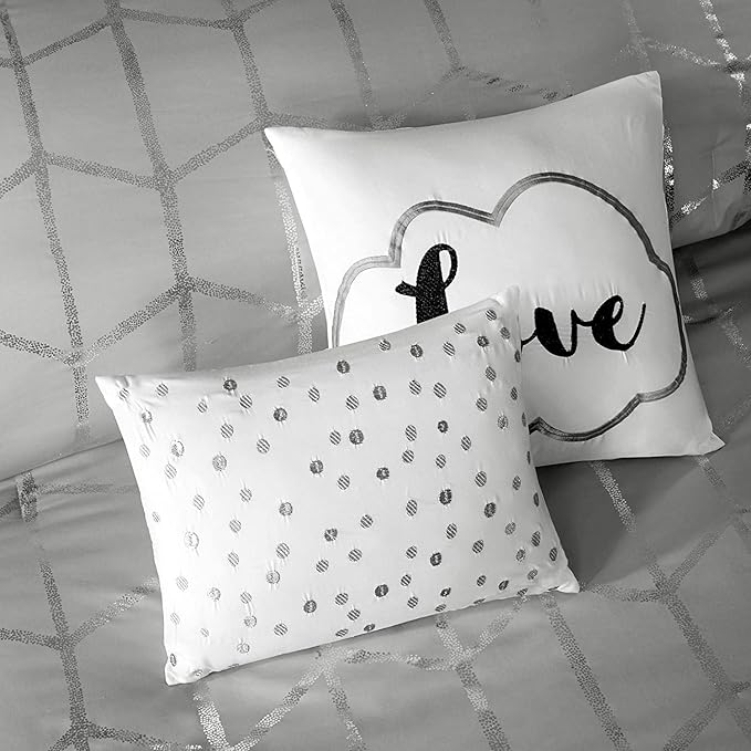 Intelligent Design Raina King / Cal King Comforter Set, Soft Microfiber Comforter Set King, Modern Geometric Metallic Bed Set, 5 Pieces College Bedding Comforter Set with 2 Shams, 2 Toss Pillows Grey - LeafyLoom