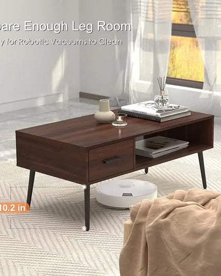 HAIOOU Coffee Table, Mid Century Modern Style Cocktail Table TV Stand with Drawer, Open Storage Shelf, Stable Floor-Anti-Scratching Pine Leg for Home, Office, Living Room - Walnut - LeafyLoom