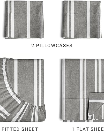 King Size 4 Piece Sheet Set - Comfy Breathable & Cooling Sheets - Hotel Luxury Bed Sheets for Women & Men - Deep Pockets, Easy-Fit, Soft & Wrinkle Free Sheets - Grey Stripes Oeko-Tex Bed Sheet Set - LeafyLoom