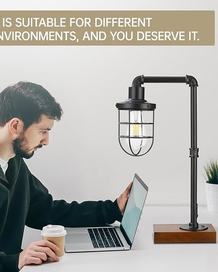 CONCA Steampunk Table Lamp, Industrial Table Lamp, E26 Base Rustic Edison Lighting, Caged Wood Base Iron Tube Table Lamp (B-Black) - LeafyLoom