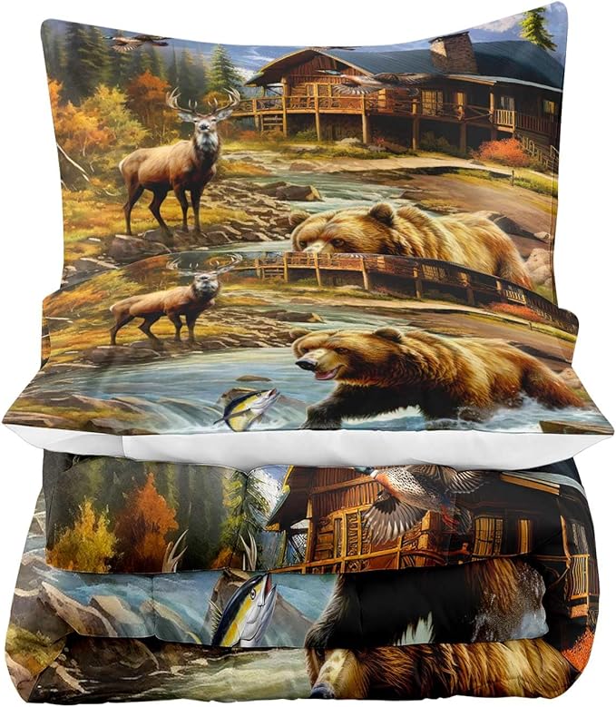 LUVIVIHOME 3PCS Deer Bear Comforter Set Full Size, Rustic Cabin Bedding, Lake House Country Farmhouse Lodge Wildlife Forest Animal Fish Mallard Duck Hunting Bedroom Decor, Soft Quilt, 2 Pillow Shams - LeafyLoom