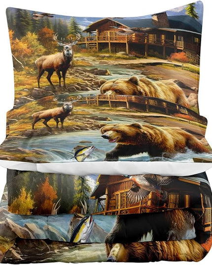 LUVIVIHOME 3PCS Deer Bear Comforter Set King Size, Rustic Cabin Bedding, Lake House Country Farmhouse Lodge Wildlife Forest Animal Fish Mallard Duck Hunting Bedroom Decor, Soft Quilt, 2 Pillow Shams - LeafyLoom