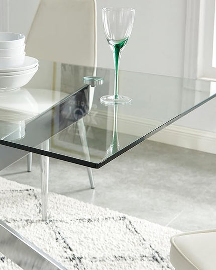 Edwin's Choice 58.5” Rectangle Glass Dining Table, Tempered Glass Tabletop and Metal Tubular Legs, Modern Style Table for Home, Kitchen, Dining Room 58.5”Lx29”Wx30”H, Silver - LeafyLoom