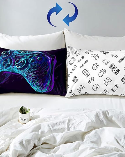 Gamer Comforter Set for Boys Teens Blue and Black Gaming Bedding Set Video Game Bedding Home Decor for Kids Comforter King Size 3 Pieces Gamepad Quilted Duvet Set 1 Comforter with 2 Pillowcases - LeafyLoom