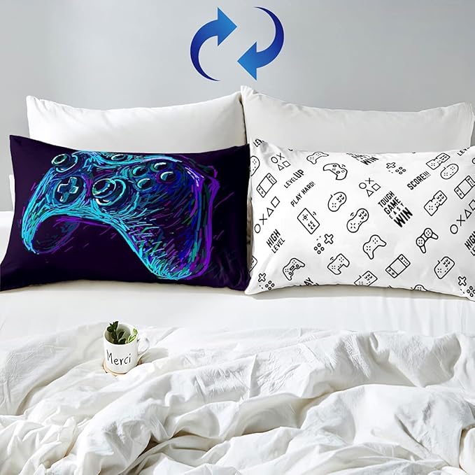 Gamer Comforter Set for Boys Teens Blue and Black Gaming Bedding Set Video Game Bedding Home Decor for Kids Comforter King Size 3 Pieces Gamepad Quilted Duvet Set 1 Comforter with 2 Pillowcases - LeafyLoom