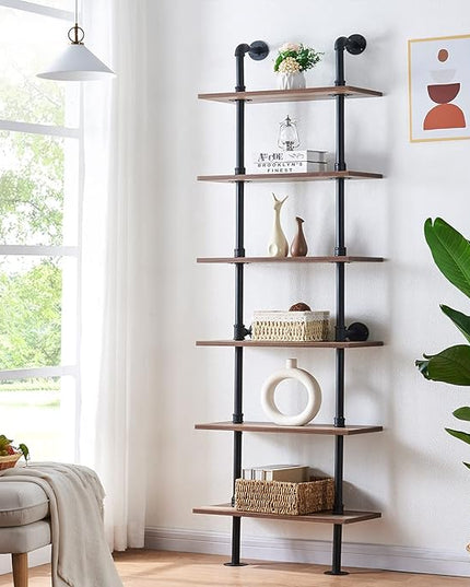 HOMBAZAAR Industrial Bookshelf, 6-Tier Industrial Pipe Bookshelf, Wall Mounted Ladder Shelves with Metal Frame for Home Office, Living Room, Oak Brown - LeafyLoom