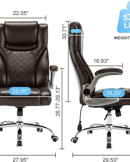 Executive Office Chair Desk Swivel Chair High Back Computer Chair - Adjustable Lumbar Support with Flip-Up Arms PU Leather Chair with Spring Cushion (Brown) - LeafyLoom