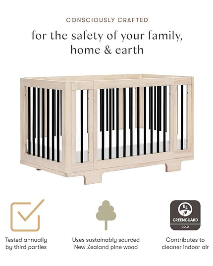 Babyletto Yuzu Convertible All-Stages Bassinet, Midi, Full-Size Crib in Washed Natural with Black, Greenguard Gold Certified, Portable & Adjustable with Conversion Kits and Pads Included - LeafyLoom