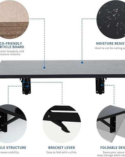 Folding Wall Desk, Wall Desk Fold Down Wall Mounted Desk for Small Space, Floating Desk (Black, Medium) - LeafyLoom