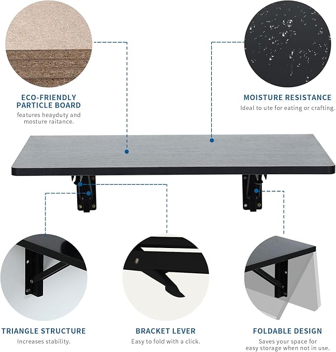 Folding Wall Desk, Wall Desk Fold Down Wall Mounted Desk for Small Space, Floating Desk (Black, Medium) - LeafyLoom