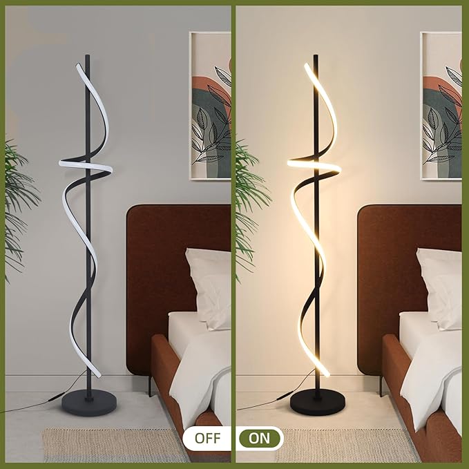 Modern Spiral Floor Lamp with Remote Control, 48W LED Floor Lamps for Living Room, 3 Colors Dimmable Tall Standing Lamp for Living Room, 60'' Modern Floor lamp for Bedroom Black - LeafyLoom