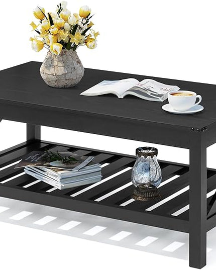 Farmhouse Coffee Table with 2-Tier Shelves - Rectangular Coffee Table with Storage for Living Room, Wood Coffee Table with Sturdy Frame, Black - LeafyLoom