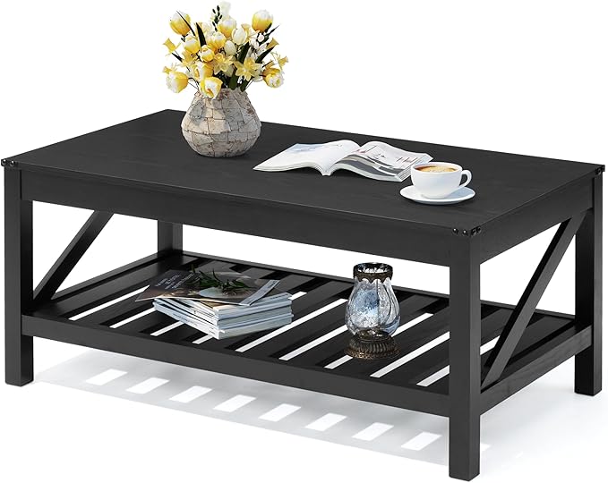 Farmhouse Coffee Table with 2-Tier Shelves - Rectangular Coffee Table with Storage for Living Room, Wood Coffee Table with Sturdy Frame, Black - LeafyLoom