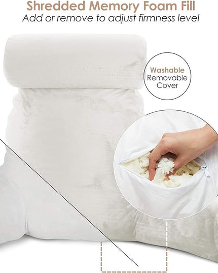 Clara Clark Reading Pillow, Large Back Pillow for Sitting Up in Bed, Memory Foam Back Support Pillow, Reading Pillows for Sitting in Bed Adult, White Sit Up Pillow for Bed Chair with Arms and Pockets - LeafyLoom