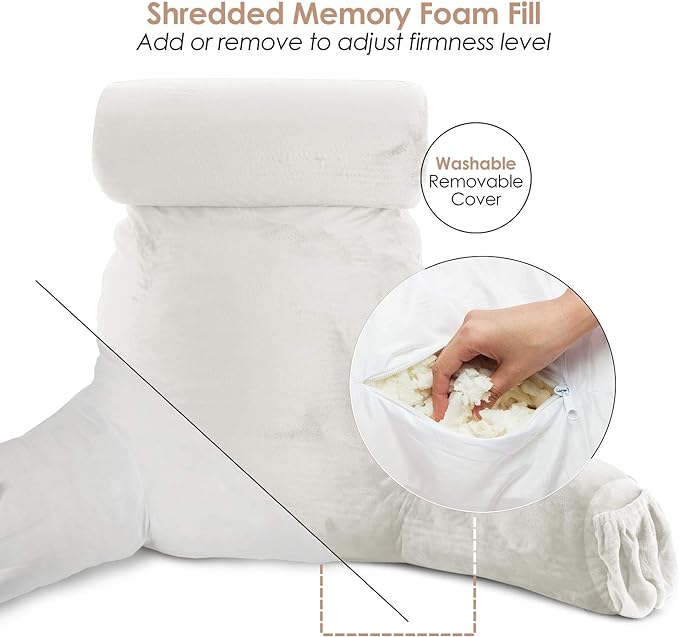 Clara Clark Reading Pillow, Large Back Pillow for Sitting Up in Bed, Memory Foam Back Support Pillow, Reading Pillows for Sitting in Bed Adult, White Sit Up Pillow for Bed Chair with Arms and Pockets - LeafyLoom