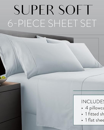 Danjor Linens Full Size Sheets Set - 6 Piece Set Including 4 Pillowcases- Deep Pockets - Breathable, Soft Bed Sheets - Wrinkle Free - Machine Washable - Ice Blue Bed Sheets - 6 pc - LeafyLoom