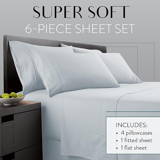 Danjor Linens Full Size Sheets Set - 6 Piece Set Including 4 Pillowcases- Deep Pockets - Breathable, Soft Bed Sheets - Wrinkle Free - Machine Washable - Ice Blue Bed Sheets - 6 pc - LeafyLoom