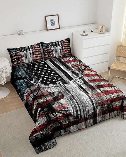 Feelyou American Flag Deer Antlers Bedding Set Hunting Camping Comforter Set for Kids Boys Girls USA Flag Comforter Tree Branch Inner Fill Duvet Set 1 Comforter Set with 2 Pillowcases King Size - LeafyLoom