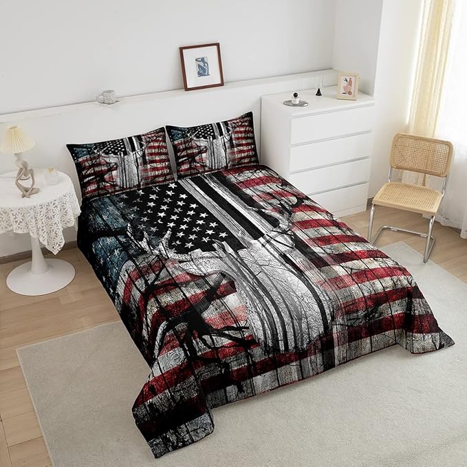 Feelyou American Flag Deer Antlers Bedding Set Hunting Camping Comforter Set for Kids Boys Girls USA Flag Comforter Tree Branch Inner Fill Duvet Set 1 Comforter Set with 2 Pillowcases King Size - LeafyLoom