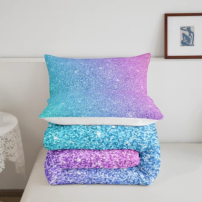 Colorful Glitter Bedding Queen Girly Turquoise Teal Blue Pink Pastel Girls Comforter Set 3 Pcs Trendy Quilt Duvet for Kid Women Down Comforter with Sparkle Sequin Pattern Bling Bedroom Decor Bed Cover - LeafyLoom