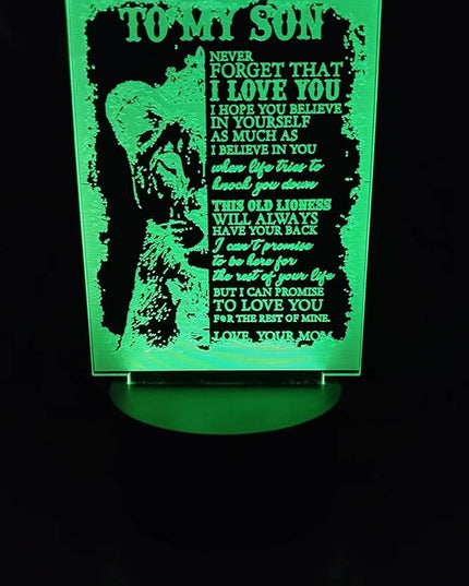 Dear Son 3D Illusion Lamp - 7 Colors Lion 3D Table Decoration Acrylic USB Lamp to My Son Arts Bedside Decors - Bedroom Decor Light Xmas New Year Birthday Gifts from Father Mother - LeafyLoom