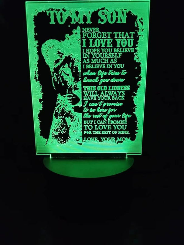 Dear Son 3D Illusion Lamp - 7 Colors Lion 3D Table Decoration Acrylic USB Lamp to My Son Arts Bedside Decors - Bedroom Decor Light Xmas New Year Birthday Gifts from Father Mother - LeafyLoom