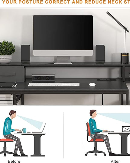 Home Office Desks with Drawers, 66‘’ Computer Desk with Storage, Office Desk with Monitor Stand, Work Desk with Outlets and USB, Gaming Table Desk with File Cabinet for Home Office Table, Black - LeafyLoom