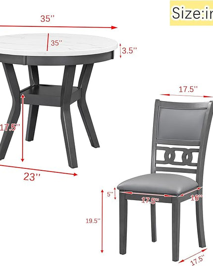 5-Piece Retro Round Dining Table Set with Faux Marble Veneer and Bottom Shelf, 4 PU Leather Upholstered Chairs, for Kitchen, Breakfast Nook, Bar, Living Room, Gray, 35" L x 35" W x 30" H - LeafyLoom