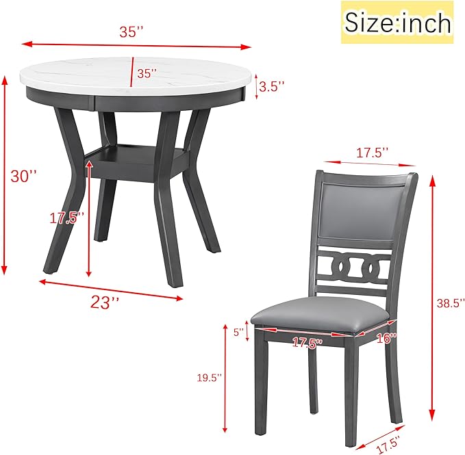 5-Piece Retro Round Dining Table Set with Faux Marble Veneer and Bottom Shelf, 4 PU Leather Upholstered Chairs, for Kitchen, Breakfast Nook, Bar, Living Room, Gray, 35" L x 35" W x 30" H - LeafyLoom