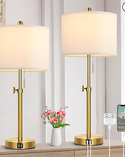 Table Lamp Set of 2, Bedside Lamp with 2 USB Ports, Gold Tall Table Lamp for Living Room End Tables, 23" to 30" Height Adjustable Table Lamp for Bedroom, Farmhouse Table Lamps with Pull Chain, E26 - LeafyLoom
