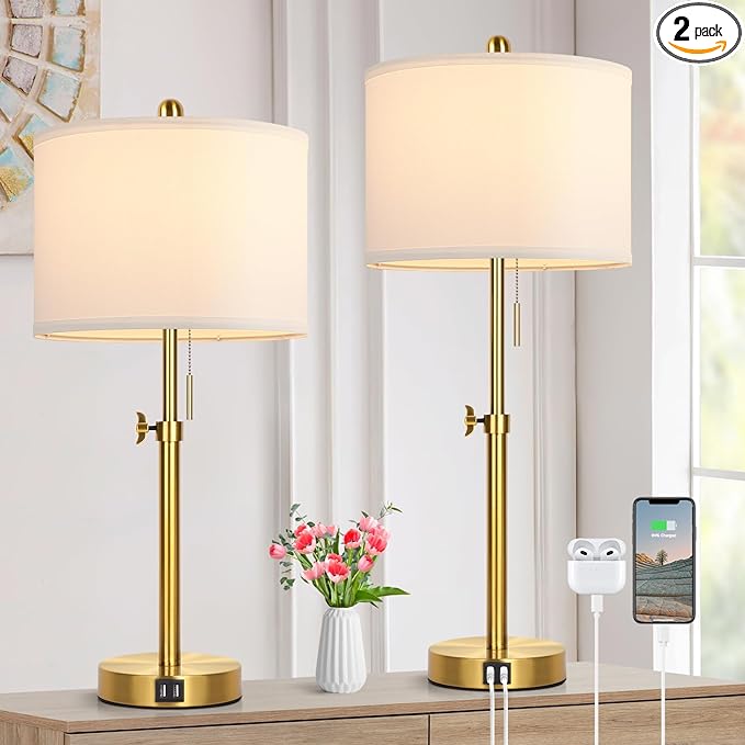Table Lamp Set of 2, Bedside Lamp with 2 USB Ports, Gold Tall Table Lamp for Living Room End Tables, 23" to 30" Height Adjustable Table Lamp for Bedroom, Farmhouse Table Lamps with Pull Chain, E26 - LeafyLoom