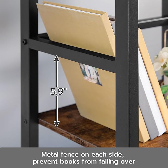HOOBRO 3 Tier Bookshelf, Narrow Bookshelf, Record Storage Rack with Side Fence, Wooden Free-Standing Shelf Units, Narrow Display Shelf for Living Room, Bedroom, Classroom, Rustic Brown BF80CJ01 - LeafyLoom