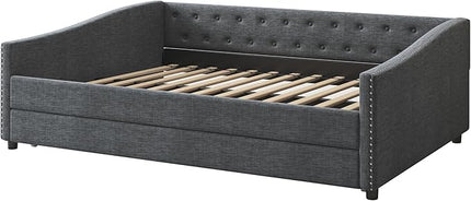 Full Size Daybed with Trundle, Upholstered Tufted Sofa Bed with Button on Back and Piping on Waved Shape Arms for Bedroom, Apartment, Living Room, Wooden Slats Support, Dark Grey - LeafyLoom