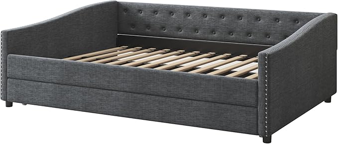 Full Size Daybed with Trundle, Upholstered Tufted Sofa Bed with Button on Back and Piping on Waved Shape Arms for Bedroom, Apartment, Living Room, Wooden Slats Support, Dark Grey - LeafyLoom