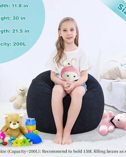 Bean Bag Chair Cover (No Filler) Stuffed Animal Storage for Kids .Soft Premium Corduroy Stuffable Beanbag for Organizing Children Plush Toys or Memory Foam Small 100L (Black) - LeafyLoom