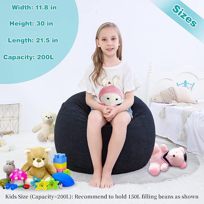 Bean Bag Chair Cover (No Filler) Stuffed Animal Storage for Kids .Soft Premium Corduroy Stuffable Beanbag for Organizing Children Plush Toys or Memory Foam Small 100L (Black) - LeafyLoom
