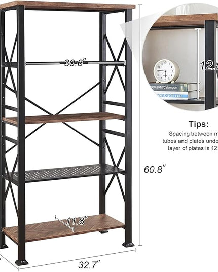 HOMBAZAAR Bookshelf, 5-Tier Industrial Bookshelf, Etagere Bookcases and Bookshelves, Tall Bookshelf Storage Organizer, Freestanding Bookshelf for Living Room, Bedroom and Home Office, Brown - LeafyLoom