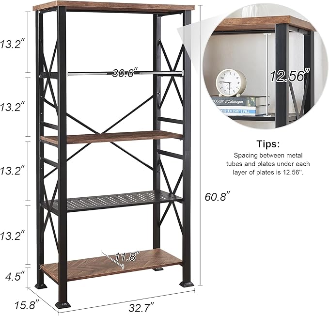HOMBAZAAR Bookshelf, 5-Tier Industrial Bookshelf, Etagere Bookcases and Bookshelves, Tall Bookshelf Storage Organizer, Freestanding Bookshelf for Living Room, Bedroom and Home Office, Brown - LeafyLoom